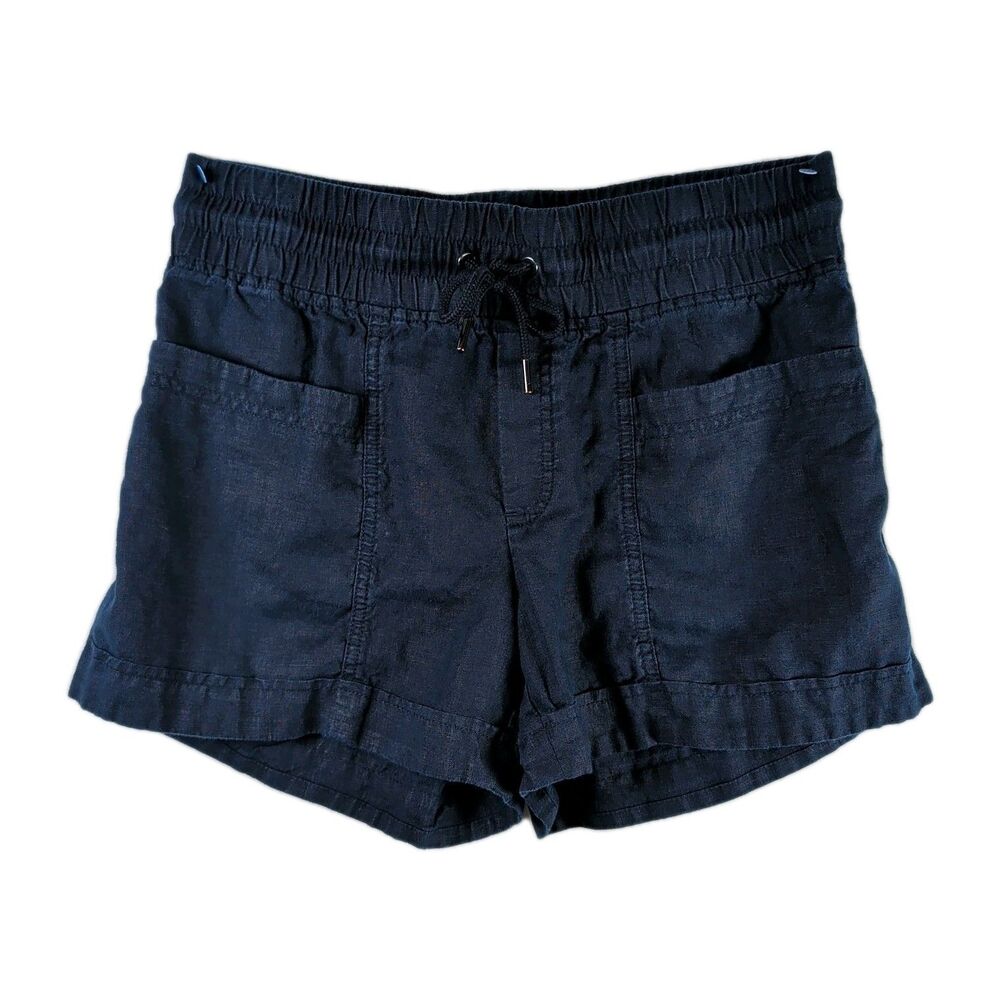 Athleta 100% Linen Women's Shorts - Size 4 - Navy Blue Cuffed Drawstring Pockets